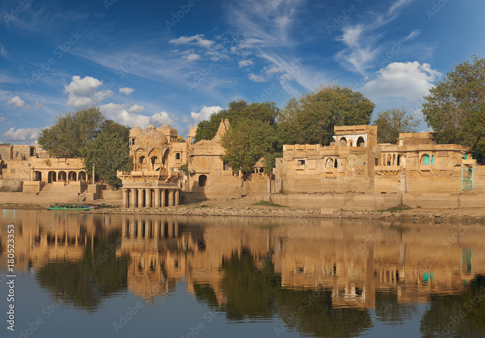 Gadi Sagar temple on Gadisar lake Jaisalmer, India.