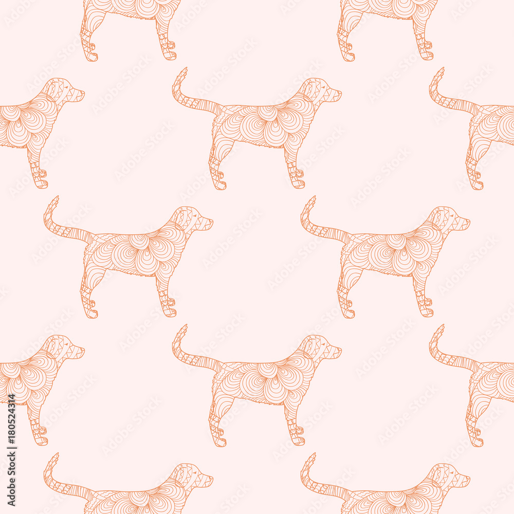 Dog. Seamless pattern. Boho style. Hand drawn dog with abstract patterns on isolation background. Zen art. Design for spiritual relaxation for adults. Design Zentangle. Art creative. Illustration