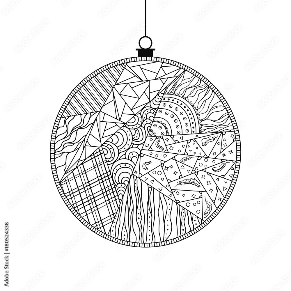 Christmas tree toy. Happy New Year. Zentangle. Watercolor stain. Hand drawn christmas ball with abstract patterns on isolation background. Design for spiritual relaxation for adults. Line art creation