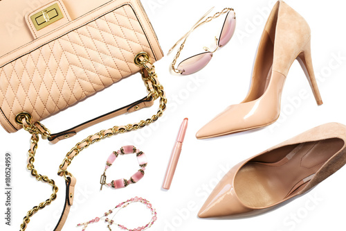 Women's set of fashion accesshoes, handbag, sunglasses, lipsticks and jewelry