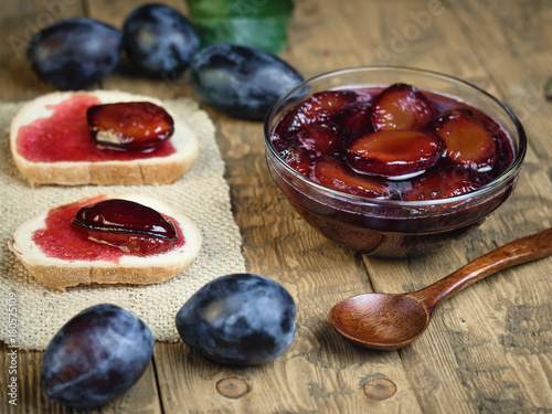 Wallpaper Mural Bowl with plum jam and bread smeared with jam. Torontodigital.ca