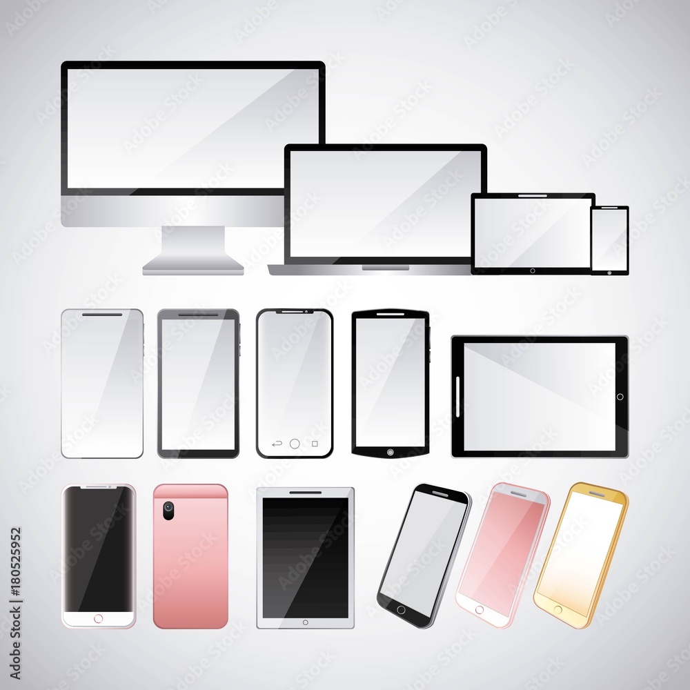set of gadgets technologies digital responsive electronic vector illustration