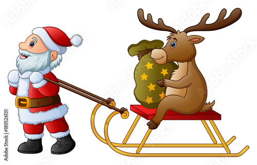 Cartoon funny santa claus pulling a sleigh with a deer with sack of presents