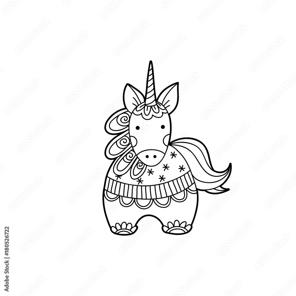 Cute magical unicorn black and white vector illustration. Stock Vector ...