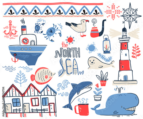 Vector doodle illustration. North sea. Scandinavian style. Colle photo