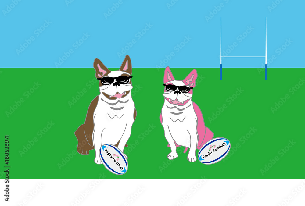 ラグビーボールとサングラスのポップな犬のイラストのポストカード Stock イラスト Adobe Stock