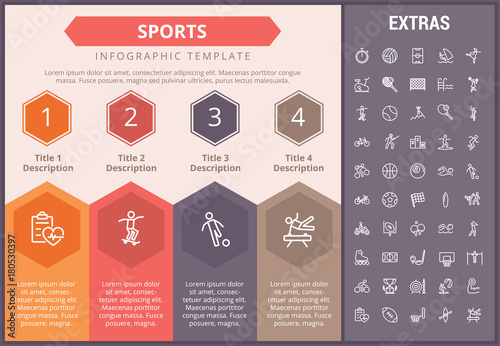 Sports infographic timeline template, elements and icons. Infograph includes numbered options, line icon set with sport equipment, sports field, competitive games, champion pedestal, athlete etc.