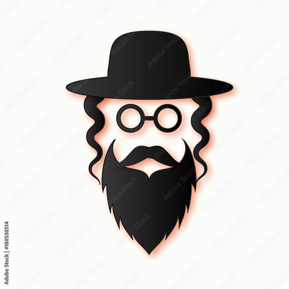 Jewish men in the traditional clothing. Ortodox Jew hat,mustache, glasses, sidelocks and beard. Man concept. Israel people. Black Paper cut style. Vector