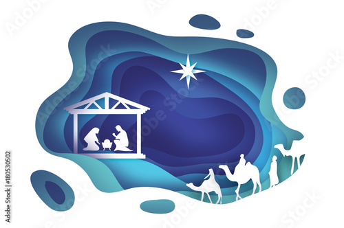 Birth of Christ. Baby Jesus in the manger. Holy Family. Magi. Three wise kings and star of Bethlehem - east comet. Nativity Christmas graphics design in paper cut style. Vector