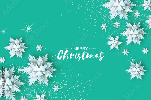 Origami Snowfall. Merry Christmas Greetings card. White Paper cut snow flake. Happy New Year. Winter snowflakes background. Space for text. Holidays. Blue background. Vector