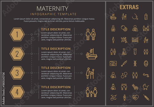 Maternity infographic timeline template, elements and icons. Infograph includes numbered options, line icon set with pregnant woman, breast feeding, child care, reproductive technologies, newborn etc.