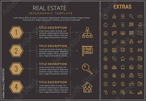 Real estate infographic timeline template, elements and icons. Infograph includes numbered options, line icon set with real estate agent, architecture engineering, investment broker, realtor etc.
