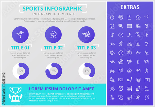 Sports infographic template, elements and icons. Infograph includes customizable graphs, charts, line icon set with sport equipment, sports field, competitive games, champion pedestal, athlete etc.