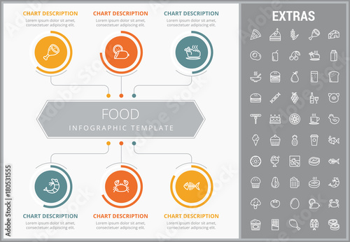 Food infographic template, elements and icons. Infograph includes customizable graphs, charts, line icon set with food ingredients, restaurant meal, fruit and vegetables, sweet snacks, fast food etc.