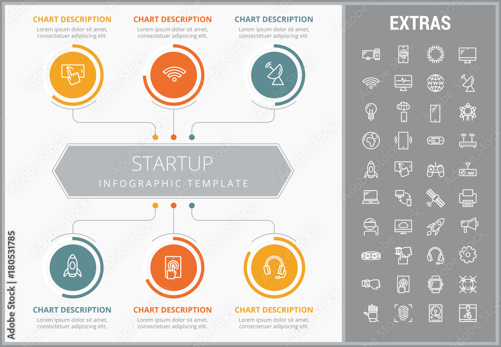Fototapeta premium Startup infographic template, elements and icons. Infograph includes customizable graphs, charts, line icon set with startup rocket, business launch, global network technology, internet connection etc