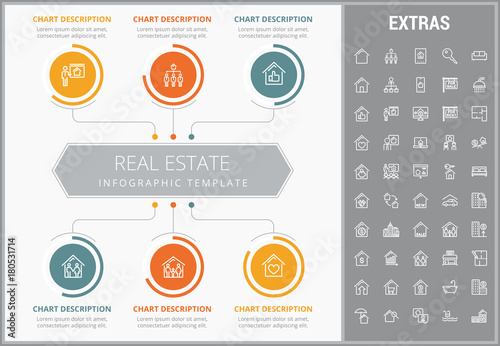 Real estate infographic template, elements and icons. Infograph includes customizable graphs, charts, line icon set with real estate agent, architecture engineering, investment broker, realtor etc.