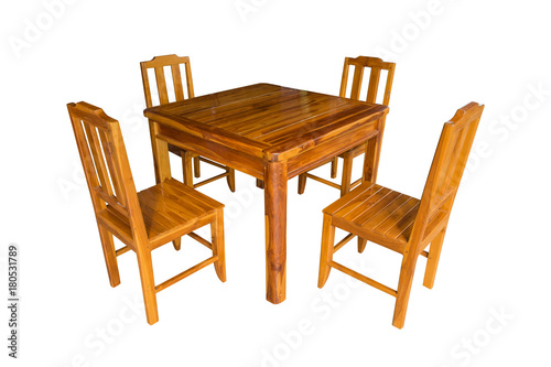 Wooden dining table set isolated.
