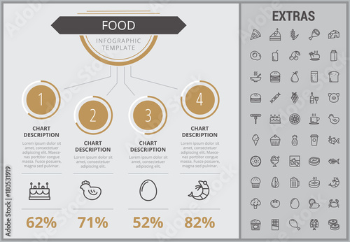 Food infographic template, elements and icons. Infograph includes numbered customizable charts, line icon set with food ingredients, restaurant meal, fruit and vegetables, sweet snacks, fast food etc.