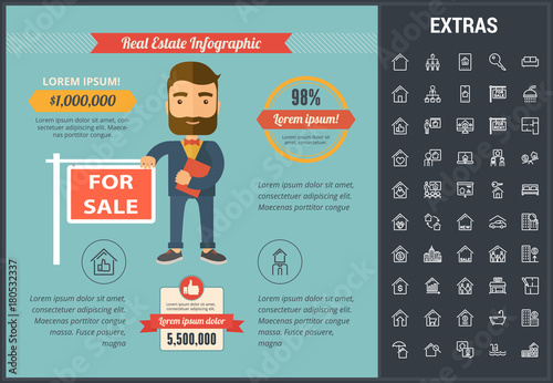 Real estate infographic template, elements and icons. Infograph includes line icon set with real estate agent, architecture engineering, investment broker, family house, realtor, property sale etc.