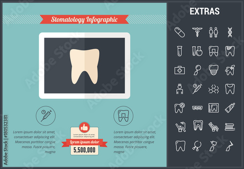Dentistry infographic template, elements and icons. Infograph includes line icon set with dentist tools, dental care, tooth decay, teeth health, medicine chest, healthcare professional, toothbrush etc
