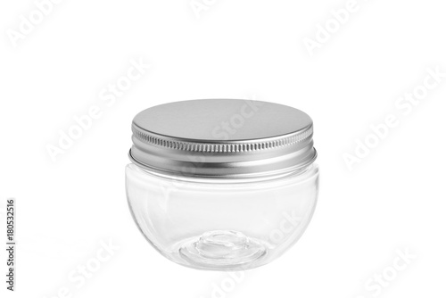empty glass jar cosmetic, lotion packaging on a white background