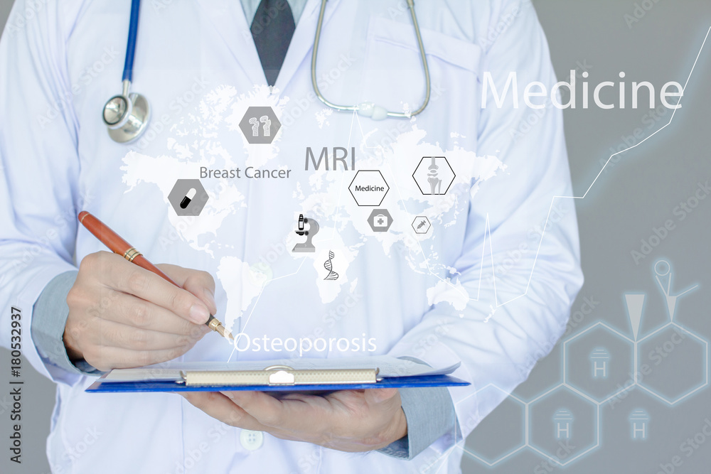 Doctor in gray shirt and black tie .Holding pen writing report illness . Medical infographics On blue background Doctor in gray shirt and black tie .Holding pen writing report illness . Medical infographics On blue background