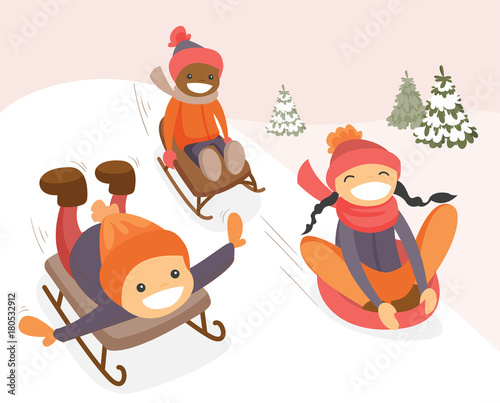 Diverse group of multicultural boys and girl sliding down on rubber tubes and sledge in winter park. Asian, African and Caucasian kids enjoying a sleigh ride. Vector isolated cartoon illustration.