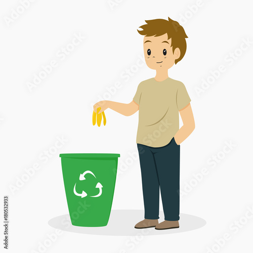 illustration of a young man putting away banana peel to a trash bin. cartoon vector