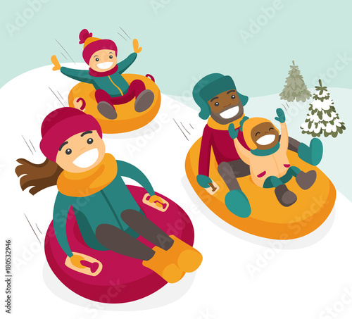 Multiethnic family sliding down the hill on tubes in winter park. African father and Caucasian mother with kids enjoying a ride on inflatable sledges. Vector isolated cartoon illustration.
