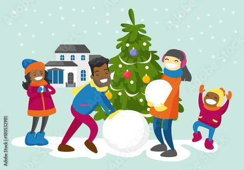 Young happy multiracial family making a snowman in the yard. Cheerful African father and Asian mother playing in the snow with their biracial children outdoors. Vector isolated cartoon illustration.