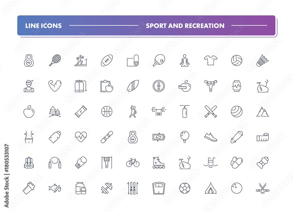 Set of 60 line icons. Sport and recreation 