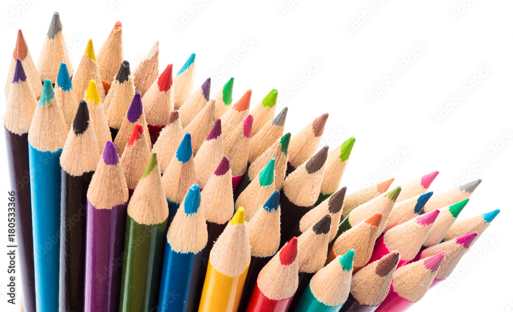 close up of colour pencils isolated on white background. many colored pencils. art background close up of colour pencils isolated on white background. many colored pencils. art background