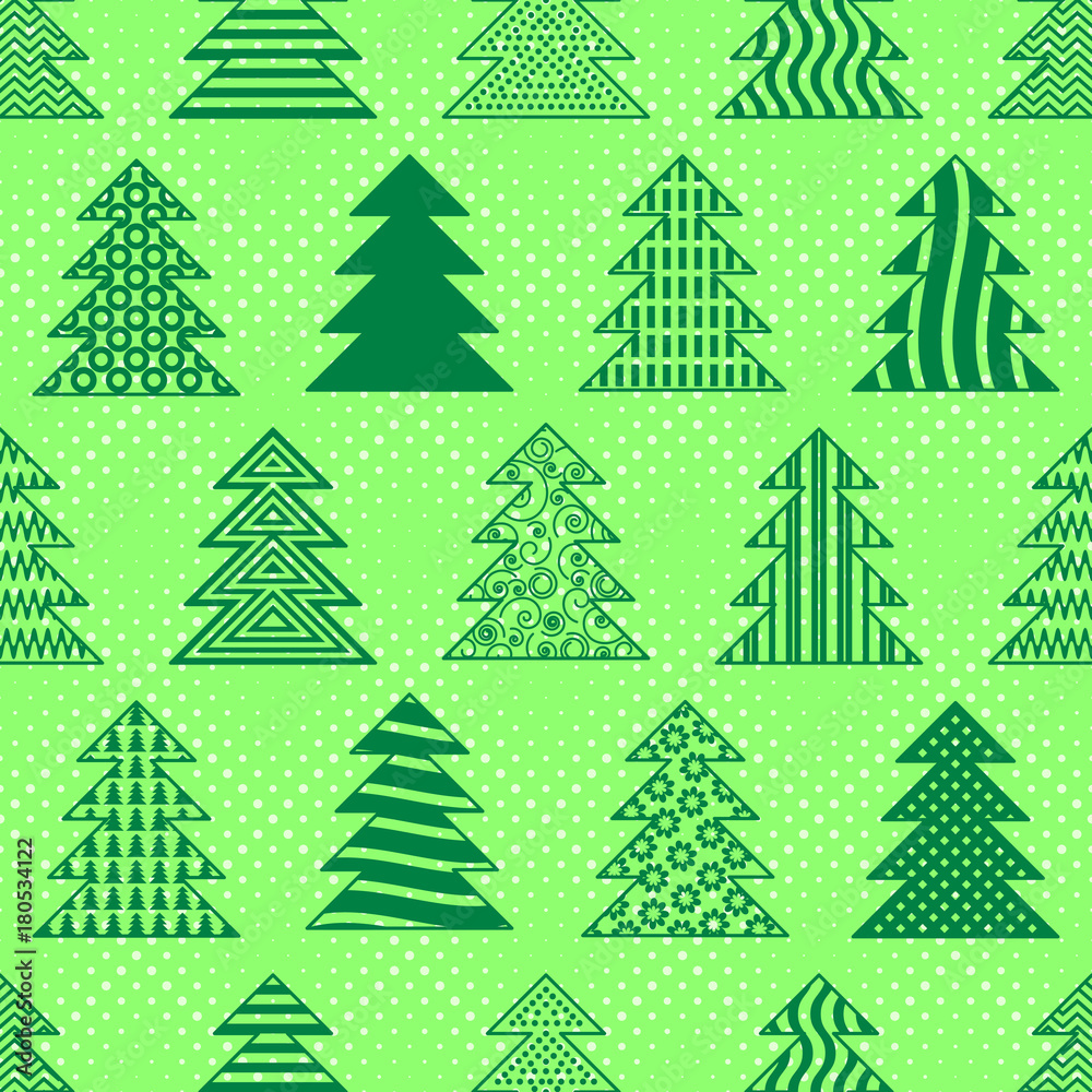 Seamless Background with Green Christmas Fir Trees, Winter Symbols, Holiday Tile Pattern. Vector