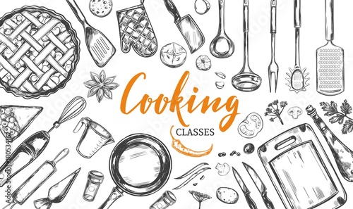 Cooking concept. Frame with utensil, kitchenware, tools. Vector hand drawn illustration with Modern Calligraphy, Lettering. Design Template