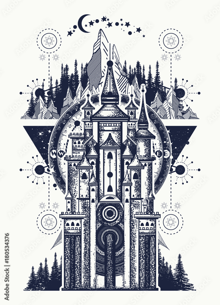 Ancient castle on the mountain. Symbol of the fairy tale, dream, magic. Medieval  castle t-shirt design. Medieval castle tattoo art Stock Vector | Adobe Stock