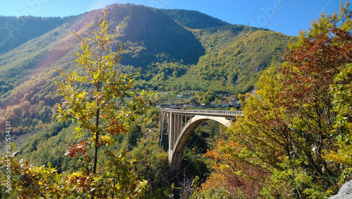 The famous bridge Tara bridge in Montenegro in bright autumn weather