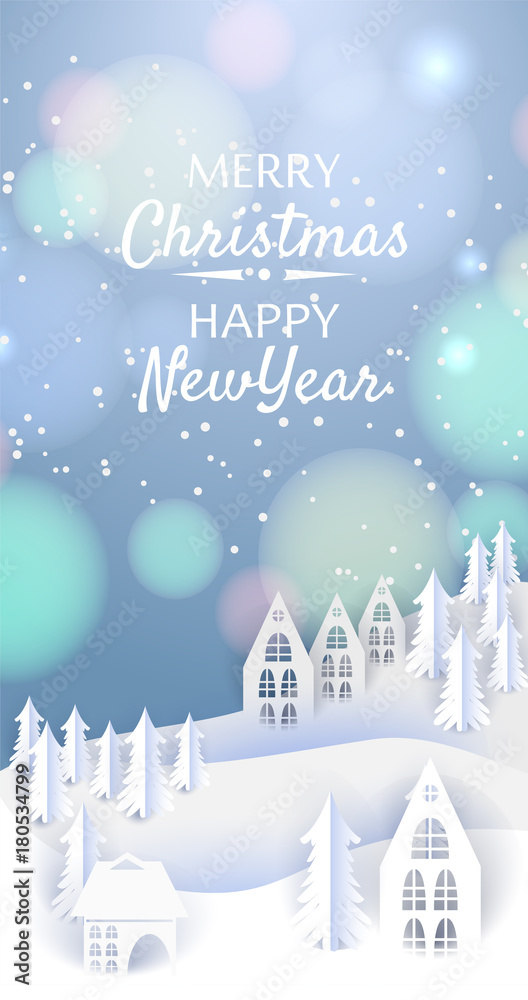 Merry Christmas and Happy New Year paper greeting card with winter houses. Winter paper landscape. vector illustration paper art and craft style.