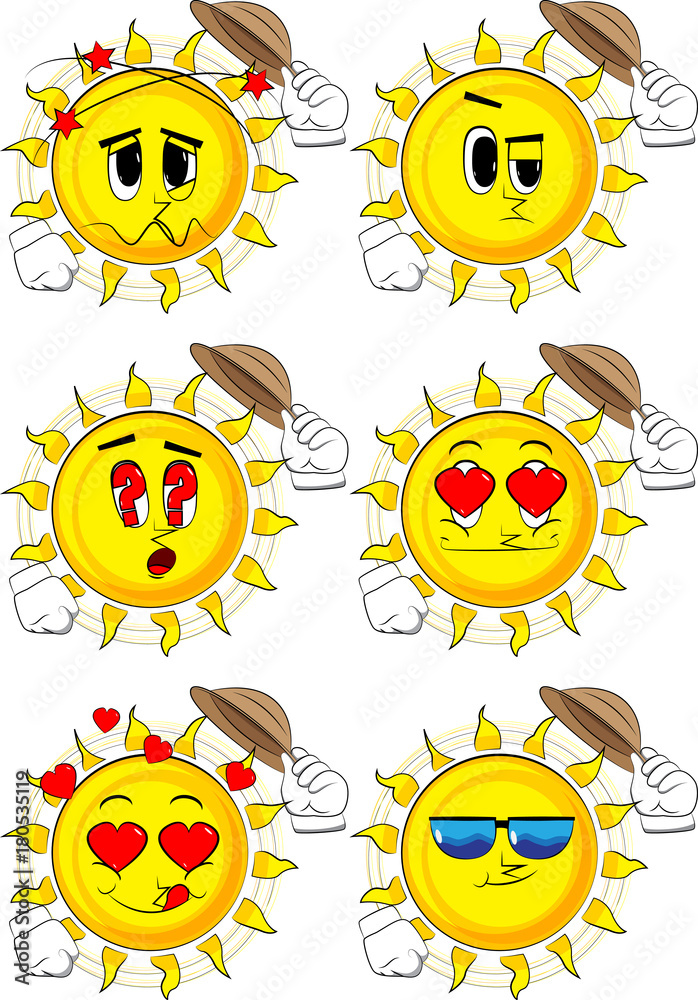 Cartoon sun tipping his hat. Collection with various facial expressions. Vector set.