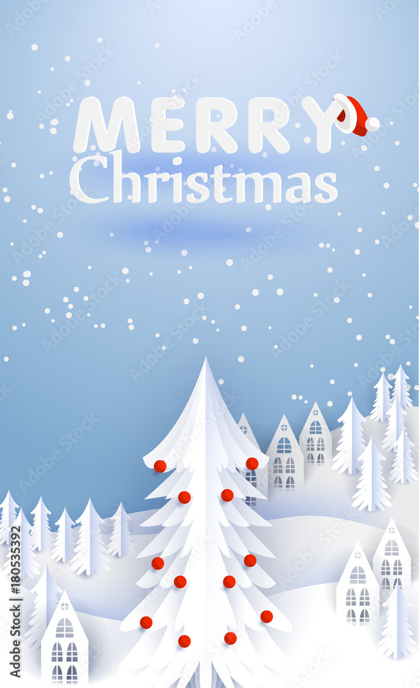Naklejka Merry Christmas and Happy New Year paper greeting card with winter houses. Winter paper landscape. vector illustration paper art and craft style.