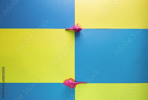 Overhead shot of pink Seashells lying on the yellow and blue sheets of paper  geometric pattern. Lifestyle concept. Flat lay. A place for your inscription. Background for site design or blog.