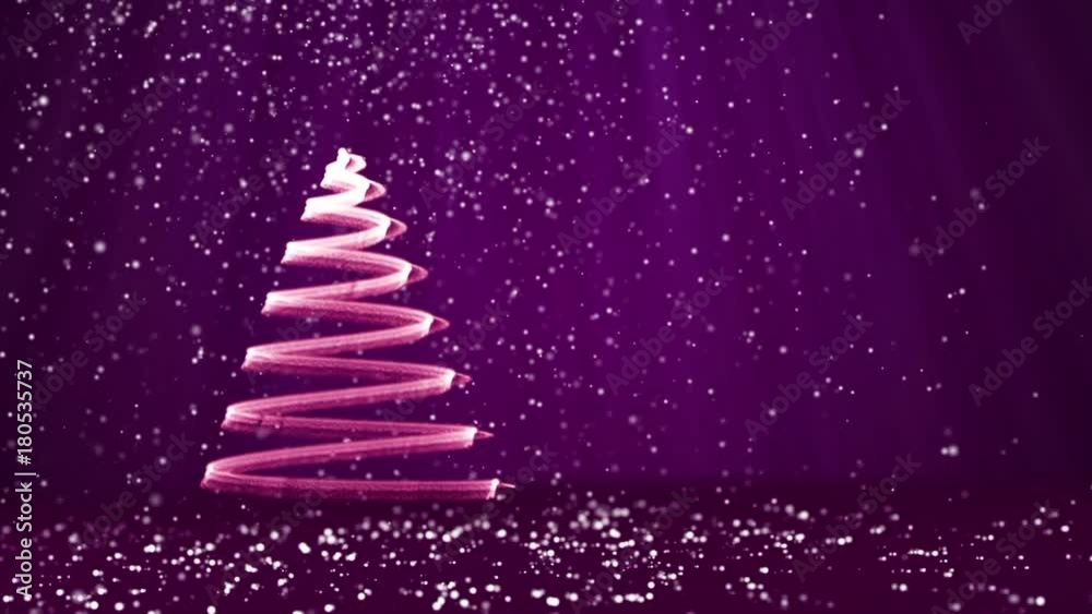 Purple big Christmas tree from glow shiny particles on the left side of screen. Winter theme for Xmas background with copy space. 3d Xmas tree V7 with glitter particles DOF