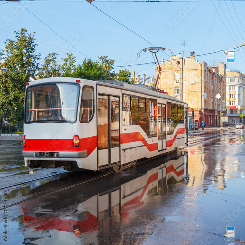 Tram at the stop in the city