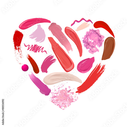 Heart of Makeup set: strokes and smears, lipstick, lip liner, foundation, drops nail polish, loose powder. Cosmetics. Beauty and Fashion Illustration. Vector Illustration.