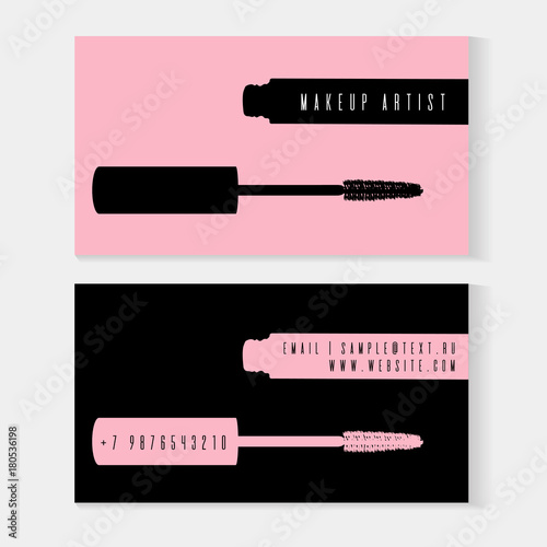 Makeup artist business card. Vector template with makeup items: mascara brush and mascara tube on pink and black background. Cosmetics banner set. Vector Template Fashion and beauty illustration