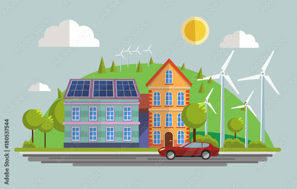 Wind turbines and solar panels produce electricity for the city. Vector illustration.