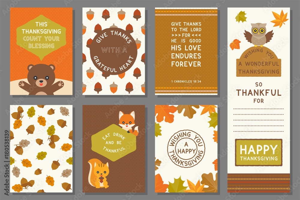 happy thanksgiving card template, elements and seamless pattern for thanksgiving day, flat design vector
