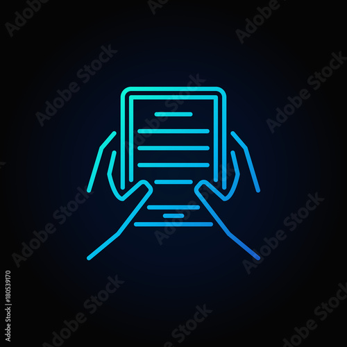 Hands with e-book reader blue icon