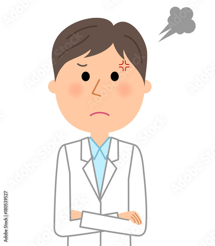 白衣の男性　怒る