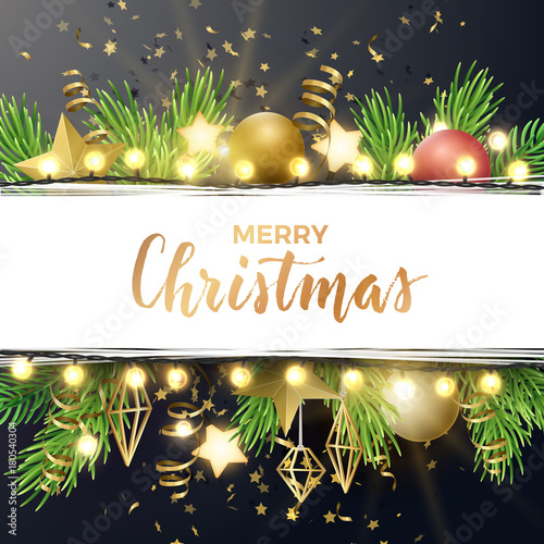 Festive Christmas and New Year vector design with fir tree branches, gold confetti, xmas ornaments, glowing stars and light garlands.
