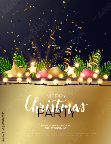 Festive Christmas and New Year vector party flyer or dinner invitation design with fir tree branches, gold confetti, xmas ornaments, glowing stars and light garlands.